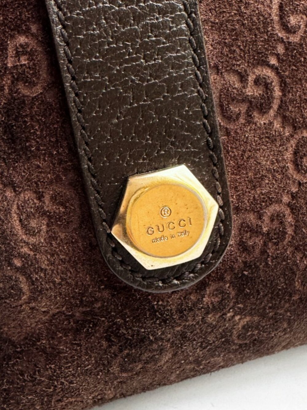 Gucci Vintage GG Monogram Suede Boston Shoulder Bag Brown Leather - Picture 11 of 13
